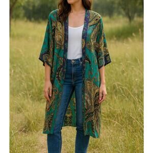 Free People Charmer Paisley Kimono Duster Boho Green Gold Print